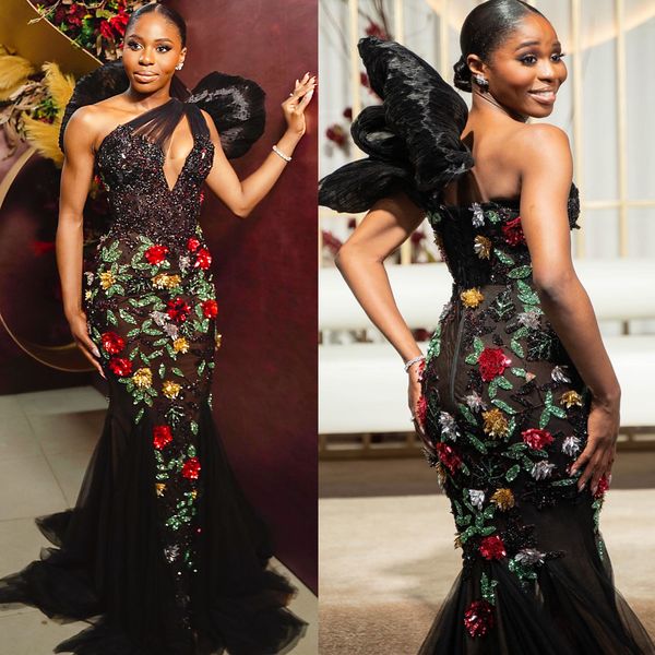 2024 ASO EBI Sirène noire Robe de bal B One épaule en dentelle soirée Fête formelle Deuxième réception Robes de fiançailles d'anniversaire robe Robe de Soire ZJ380