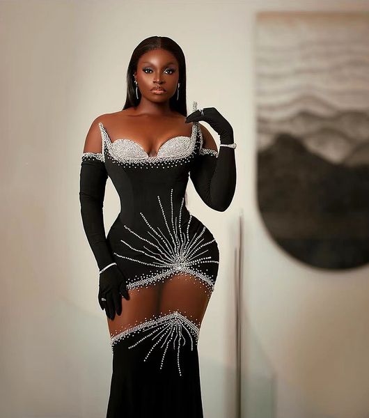 2024 aso ebi sirène noire robes de bal de bal cristaux en satin soirée formelle de fête deuxième de fiançailles robes robes