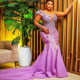 2024 Aso Ebi Sirène lilas de bal Lilac Crystals de perles Luxurious Night Formal Fête Deuxième réception 50e anniversaire Robes de fiançailles Robe de Soiree ZJ140