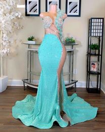 2024 Aso Ebi Mermaid Sky Blue Prom Dress kristallen lovertjes Evening Formele feest tweede receptie Verjaardag verlovingsjurken Jurken Robe de Soiree 418