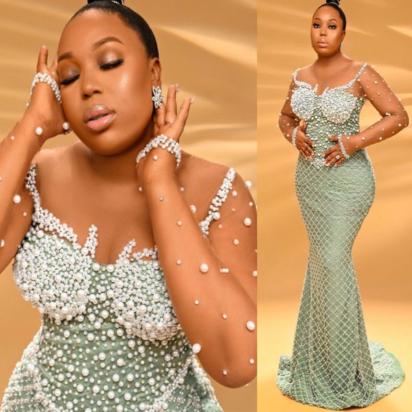 2024 ASO EBI Mint Mermaid Prom Dress Pearls Lected Lace Night Faith Party Formal Recepción 50 ° cumpleaños Vestidos Vestidos Robe de Soiree ZJ106 407