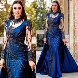 2024 Aso Ebi azul marino sirena vestido de fiesta con lentejuelas encaje satinado con cuentas noche fiesta formal segunda recepción cumpleaños vestidos de compromiso vestidos Robe De Soiree ZJ95