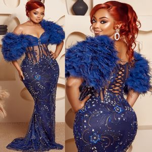 2024 Aso Ebi Navy Blue Mermaid Prom Dress Crystals Lound Lace Evening Formele feest tweede receptie