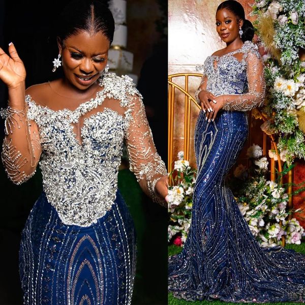 2024 Aso Ebi bleu marine sirène robe de bal perles cristaux dentelle soirée formelle fête deuxième réception anniversaire robes de fiançailles robes robe de soirée