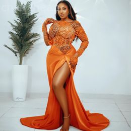 2024 ASO EBI ORANGE MERMAIDE Prom Dress Crystals High Split Soil Formal Party Deuxième réception 50e anniversaire Robes de fiançailles Robe de Soiree ZJ342