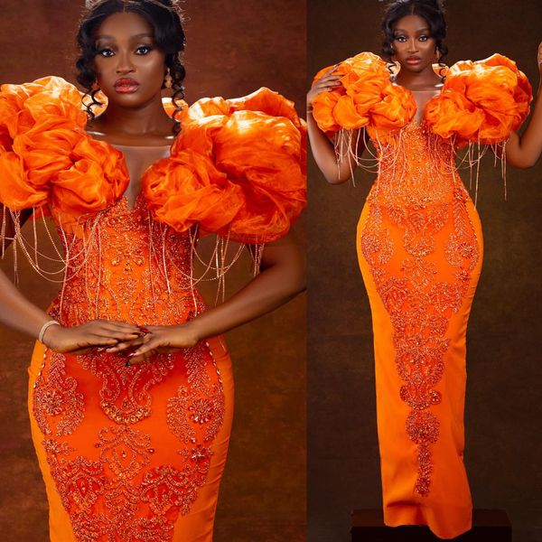 2024 ASO EBI Vestido de fiesta de la vaina de naranja Carril de encaje Cristals de la noche Fiesta Formal Segunda recepción 50 ° cumpleaños Vestidos de vestidos Robe de Soiree ZJ327