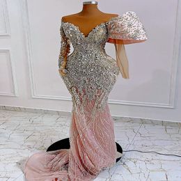 2024 Aso Ebi Pearl roze zeemeermin prom jurk kristallen kralen sexy avond formeel feest tweede receptie