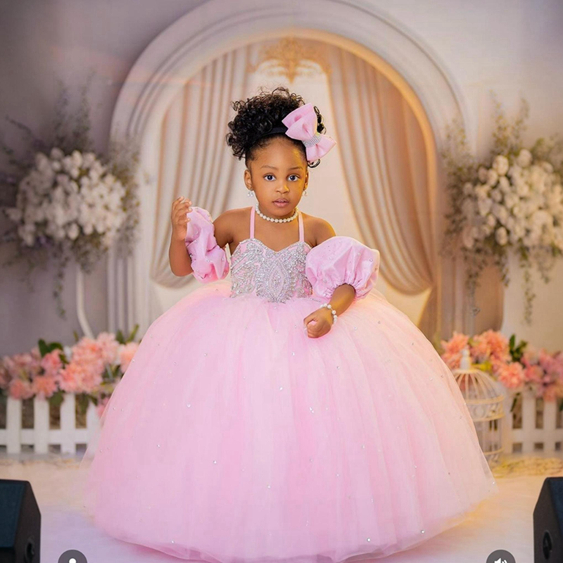 2024 Aso Ebi Pink Flower Girl Dresses Birthday Party Dress Illusion Spaghetti Straps Rhinestones Beaded Decorated Tiered Tulle Princess Ball Gown For Marriage F136
