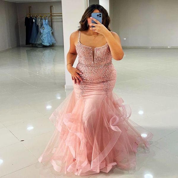 2024 Aso Ebi Pink Mermaid Vestido de fiesta Lentejuelas con cuentas Noche Fiesta formal Segunda recepción 50.o Cumpleaños Vestidos de compromiso Vestidos Robe De Soiree ZJ74