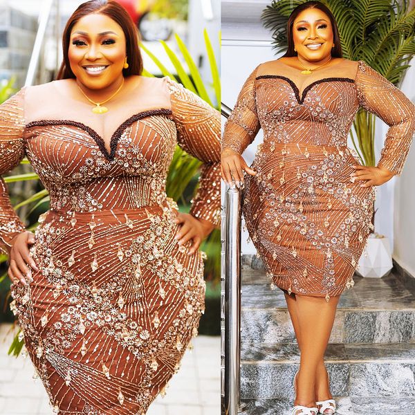 2024 Aso Ebi Plus Size Chocolate Vaina Vestido de fiesta Cristales con cuentas Noche Fiesta formal Segunda recepción 50 cumpleaños Vestidos de compromiso Vestidos Robe De Soiree ZJ62