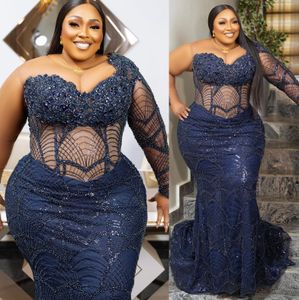 2024 Aso Ebi Plus Taille Marine Robe De Bal Sirène Perles Cristaux Soirée Formelle Deuxième Réception 50e Anniversaire Robes De Fiançailles Robes Robe De Soirée ZJ65