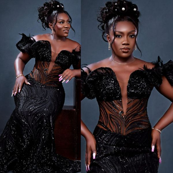 2024 Aso Ebi Robes De Bal Noir Sirène Illusion Dentelle Tulle Soirée Robe De Soirée Pour Occasions Spéciales Africain Arabe Noir Femmes Anniversaire Robes De Fête AM250