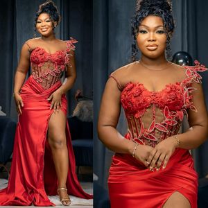 2024 Aso Ebi robes de bal col transparent haute fente rouge sirène perlée dentelle robe de soirée formelle pour les femmes du Nigeria occasions spéciales robe de fête d'anniversaire robes NL442