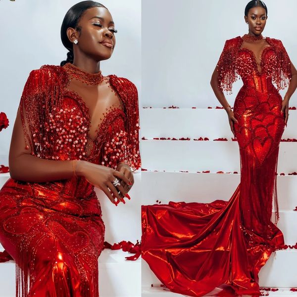 2024 Aso Ebi Rouge Sirène Robe De Bal Perles Cristaux Sparkly Soirée Formelle Deuxième Réception Anniversaire Robes De Fiançailles Robes Robe De Soirée ZJ115