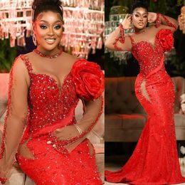 2024 Aso Ebi Red Mermaid Prom Dress Cristais Frisado Noite Formal Festa Segunda Recepção Aniversário Vestidos de Noivado Vestidos Robe De Soiree ZJ397