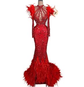 2024 Aso Ebi Rouge Sirène Robe De Bal Plumes Perles Paillettes Soirée Formelle Deuxième Réception Anniversaire Robes De Fiançailles Robes Robe De Soirée ZJ21