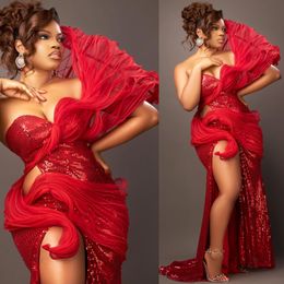 2024 ASO Ebi Red Sirène Robe Prom High Split Semedled Lace Evenal Fête Forme Deuxième réception Robes de fiançailles d'anniversaire Robe de Soiree ZJ385