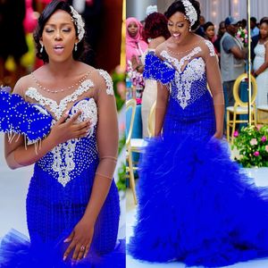 2024 ASO EBI Royal Blue Sirène Prom Vobe Crystals Crystals Crystals Tiers Soirée Fête formelle Deuxième réception Robes de fiançailles d'anniversaire robe Robe de Soiree ZJ382