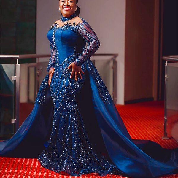 2024 Aso Ebi Royal Blue Mermaid Robe De Bal Perlée Paillettes Soirée Formelle Deuxième Réception 50e Anniversaire Robes De Fiançailles Robes Robe De Soirée ZJ61