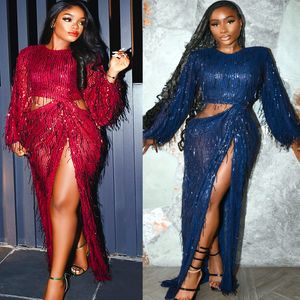 2024 Aso Ebi Robe de bal fourreau à paillettes haute fente sexy soirée formelle deuxième réception 50e anniversaire robes de fiançailles robes robe de soirée ZJ152