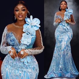 2024 Aso Ebi Sky Blue Sirène Robe Prom Prom Crystals Crystals Crystals Fête formelle Deuxième réception Robes de fiançailles d'anniversaire Robe de Soiree ZJ363