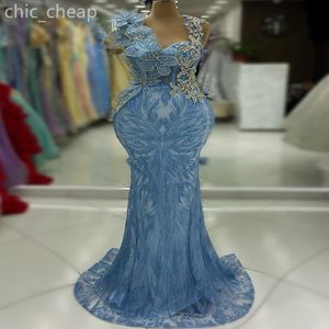 2024 Aso Ebi Sky Blue Mermaid Prom jurk lovertjes kristallen avond formeel feest tweede receptie verjaardag verloving jurken jurken jurken robe de soiree zj420