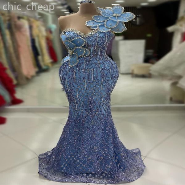 2024 Aso Ebi Sky Blue Mermaid Vestido de fiesta Cristales Perlas con cuentas Noche sexy Fiesta formal Segunda recepción Cumpleaños Vestidos de compromiso Vestidos Robe De Soiree ZJ428