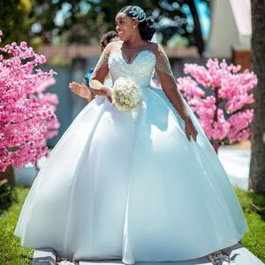 2024 Aso Ebi robes de mariée pour la mariée col transparent manches longues robes de bal princesse reine robe de mariée perles perles robe de mariée pour les femmes noires africaines mariage D118