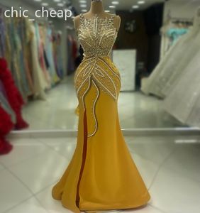 2024 Aso Ebi jaune sirène robe de bal perles cristaux perles satin soirée formelle fête deuxième réception anniversaire robes de fiançailles robes robe de soirée ZJ419