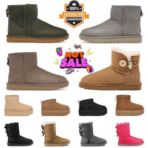 2024 Bottes de créateurs australiens Bottines de neige d'hiver pour femmes Diapositives en fourrure de Tasman Pantoufles Ugglie Cheville courte Mini nœud Kaki Noir Blanc Rose Marine Botte d'extérieur