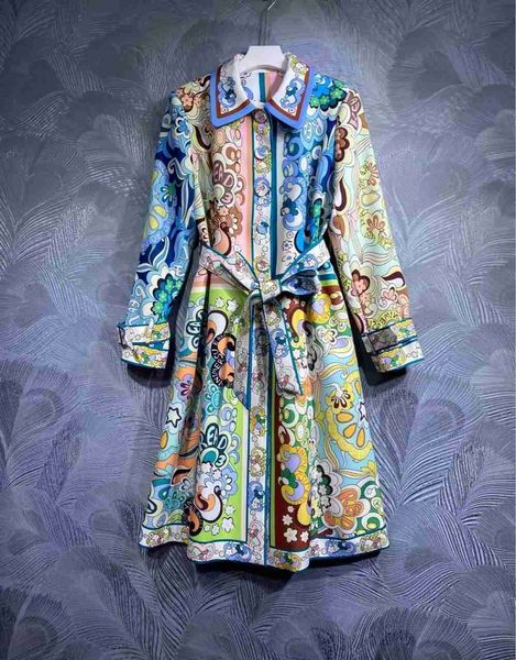 Robe de styliste australienne vintage en lin imprimé, chemise à revers, simple boutonnage, ceinture cintrée à la taille, jupe courte, 2024