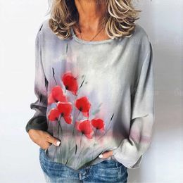 2024 Automne et hiver pour femmes à manches à manches U à col en U T-shirt imprimé 3D Fragments floraux