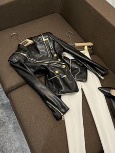 2024 Autumn Black panelen Zipper Pu Blazers Solid Color Lag met lange mouwen met lange mouwen