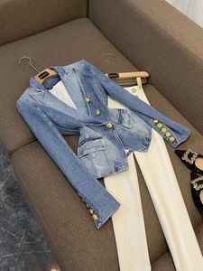 2024 Herfstblauw vaste kleur paneel met denim blazers met lange mouwen geknipte lapel knoppen met dubbele borsten met dubbele borsten o4w202255 plus maat xxxxl