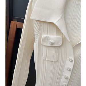 2024 Autumn Ivory Dubbele zakken Panel gebreide jurk met lange mouwen Revelhals knoppen Lange maxi casual jurken Y4W160399