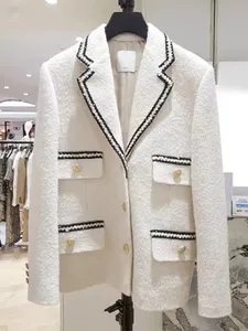 San dro – costume en tweed grossier blanc à bord tissé pour femme, veste à simple boutonnage, style printemps, nouvelle collection automne 2024