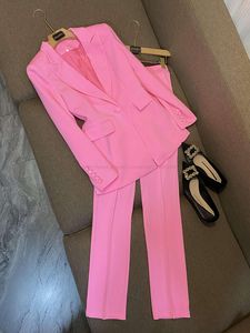 2024 Automne Rose Couleur Unie Deux Pièces Pantalons Ensembles À Manches Longues Revers Cranté Un Bouton Blazer Blazers Haut Pantalon Costumes Ensemble O2O29519