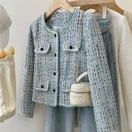 2024 Autumn Winter Blue Tweed Breed Coat Dames Franse stijl Overjas kleine geurige stijl uit het kader van het afsloten Top Korte jas 240428