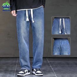 2024 Herfst Winter Jeans Mannen Losse Rechte Trekkoord Elastische Taille Casual Denim Broek Mannelijke Dikke Broek Grote Maat M5XL 240311