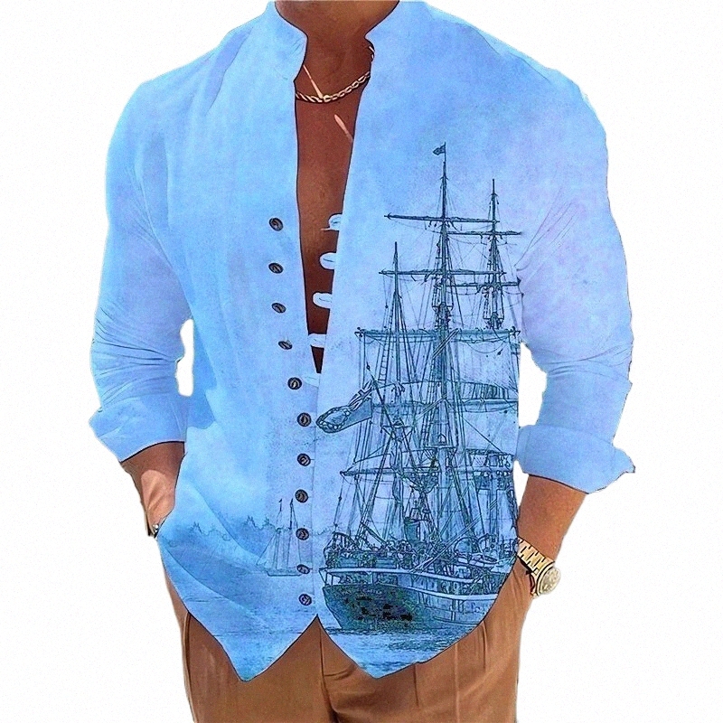 2024 Autumn/winter New Fi Men's Sailing Print Busin Slim Casual Shirt Lg Sleeve Shirt u8WE#