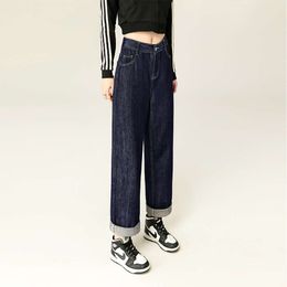 2024 Herfst/winter Nieuwe originele koe Dark rechte poot jeans dames hoge taille slank en losse 9/4 brede been broek