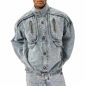 2024 Automne Hiver Vintage Denim Vestes Hommes Solide Casual Jean Manteau Fi Col Montant Moto Biker High Street Tide Outwear T0RD #