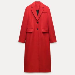 2024 outono inverno feminino lã misturada casaco vermelho bolso manga longa outerwear lapela único breasted solto casaco quente 240105