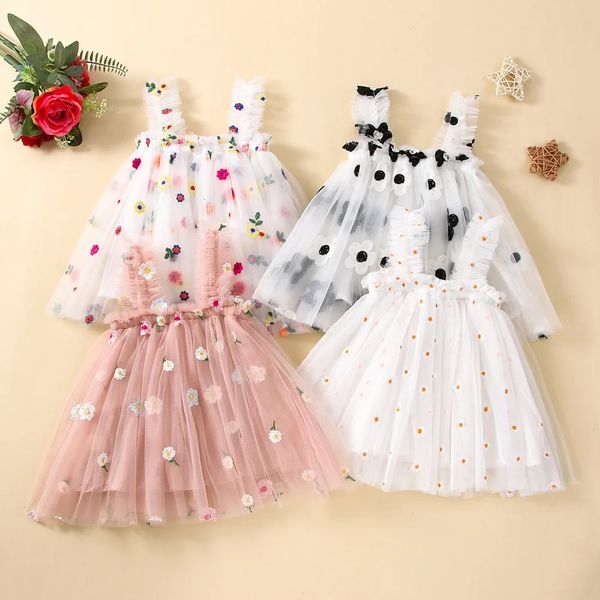 2024 Bébé Fille Vêtements Multi Couleur Brodé Floral Maille Camisole Mignon Bébé Fille Robe De Soirée Princesse Fluffy Robes 240322