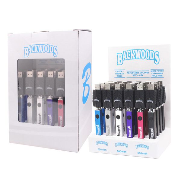 2024 Backwoods Kit de batería Slim Pen Baterías de 510 hilos VV Precalentamiento ajustable de 500 mAh para cartucho de aceite grueso m6t th205 con caja de presentación USB