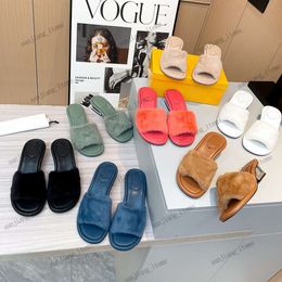 2024 Baguette Napa Zapatillas de piel Diapositivas de cuero Empuje Zapatillas de lana Diseñador Verano Mujeres Mink Slide Furry Mule Piel de oveja Goma Moda Zapatilla de alta calidad 35-42