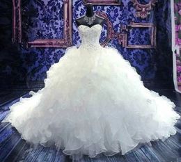 2024 baljurken trouwjurken prinses jurk kralen borduurwerk korset sweetheart organza ruches kathedraal trein bruidsjurk plus size vestido de novias