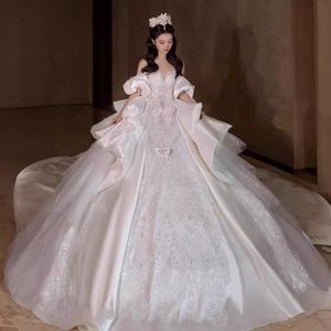 2024 robes de bal robes de mariée princesse corset corset chérie organza volants cathédrale en satin broderie de perle plus taille