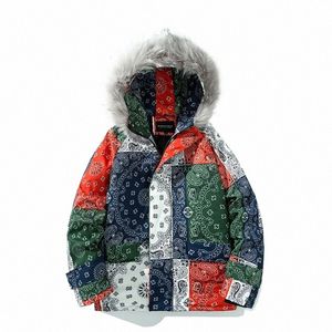 2024 Bandana Imprimir Chaqueta de invierno Hombres Mujeres Cuello de piel desmontable Hip Hop Oversize Cott Abrigo acolchado Paño Harajuku Parka O7bU #