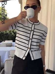 2024 Bazaleas Store Traf Womens Black and White Striped Cardigan Pull à manches courtes coupées tricot pour femmes Vêtements officiels 240517